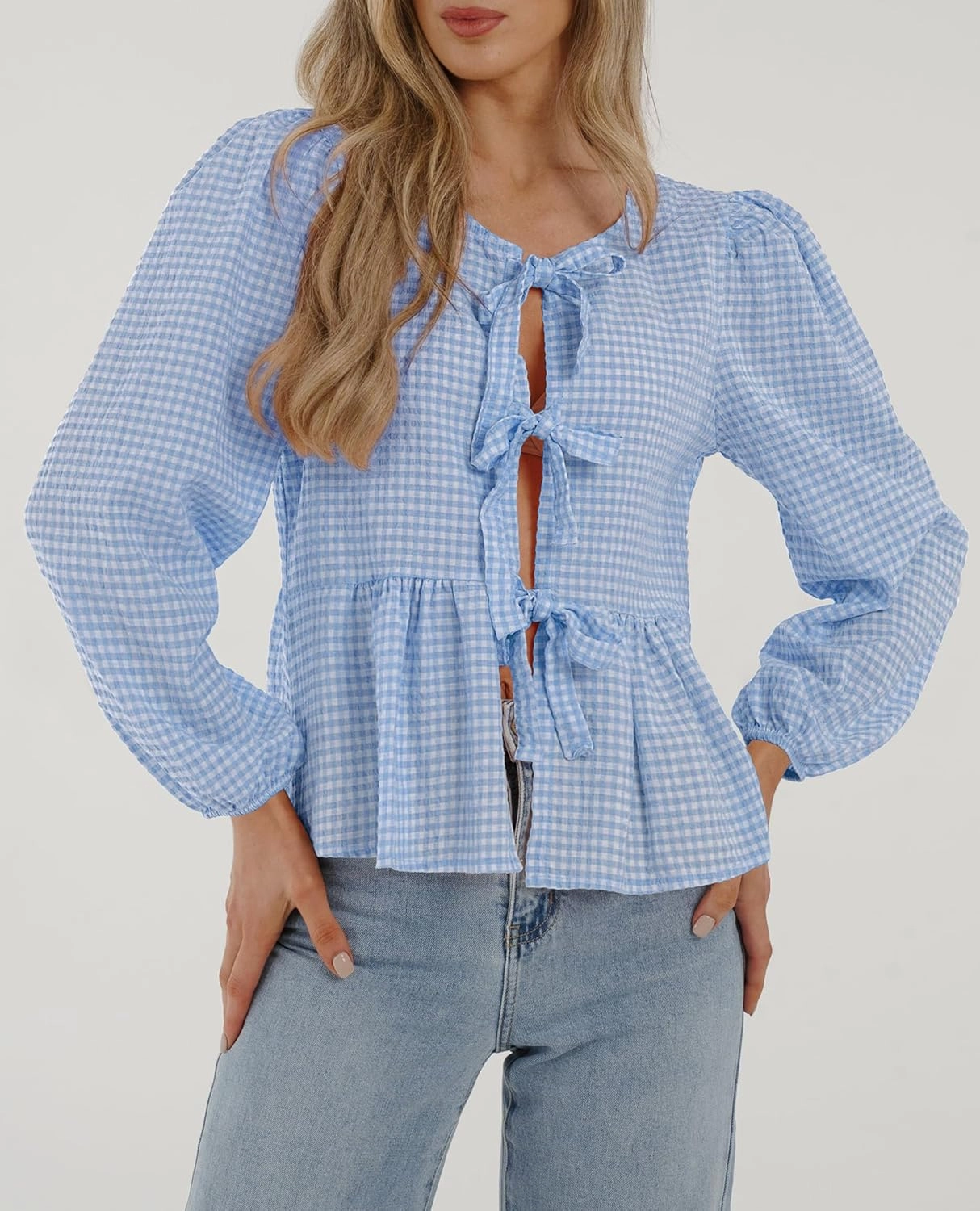 PRETTYGARDEN Women's Spring Fall Babydoll Peplum Blouse Shirt Puff Long Sleeve Bow Tie Front Trendy Cute Y2K Going Out Tops