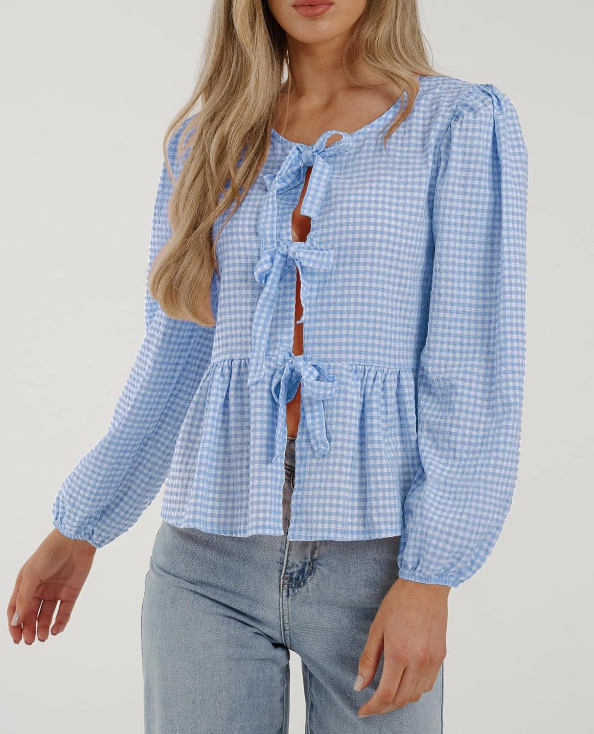 PRETTYGARDEN Women's Spring Fall Babydoll Peplum Blouse Shirt Puff Long Sleeve Bow Tie Front Trendy Cute Y2K Going Out Tops