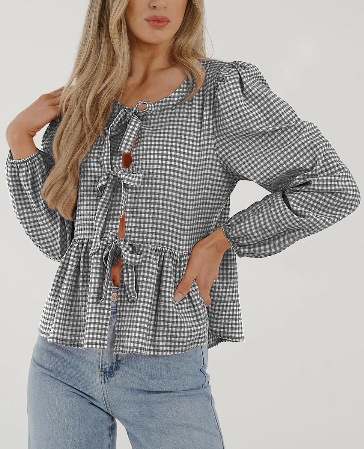 PRETTYGARDEN Women's Spring Fall Babydoll Peplum Blouse Shirt Puff Long Sleeve Bow Tie Front Trendy Cute Y2K Going Out Tops