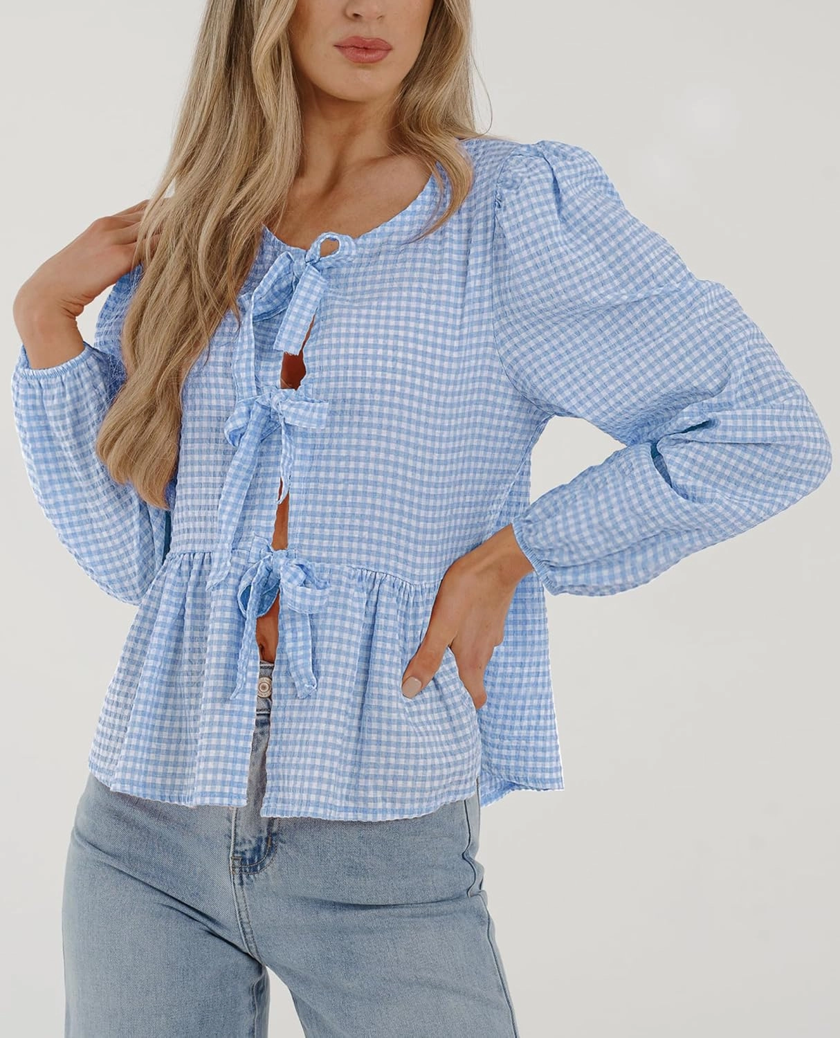 PRETTYGARDEN Women's Spring Fall Babydoll Peplum Blouse Shirt Puff Long Sleeve Bow Tie Front Trendy Cute Y2K Going Out Tops