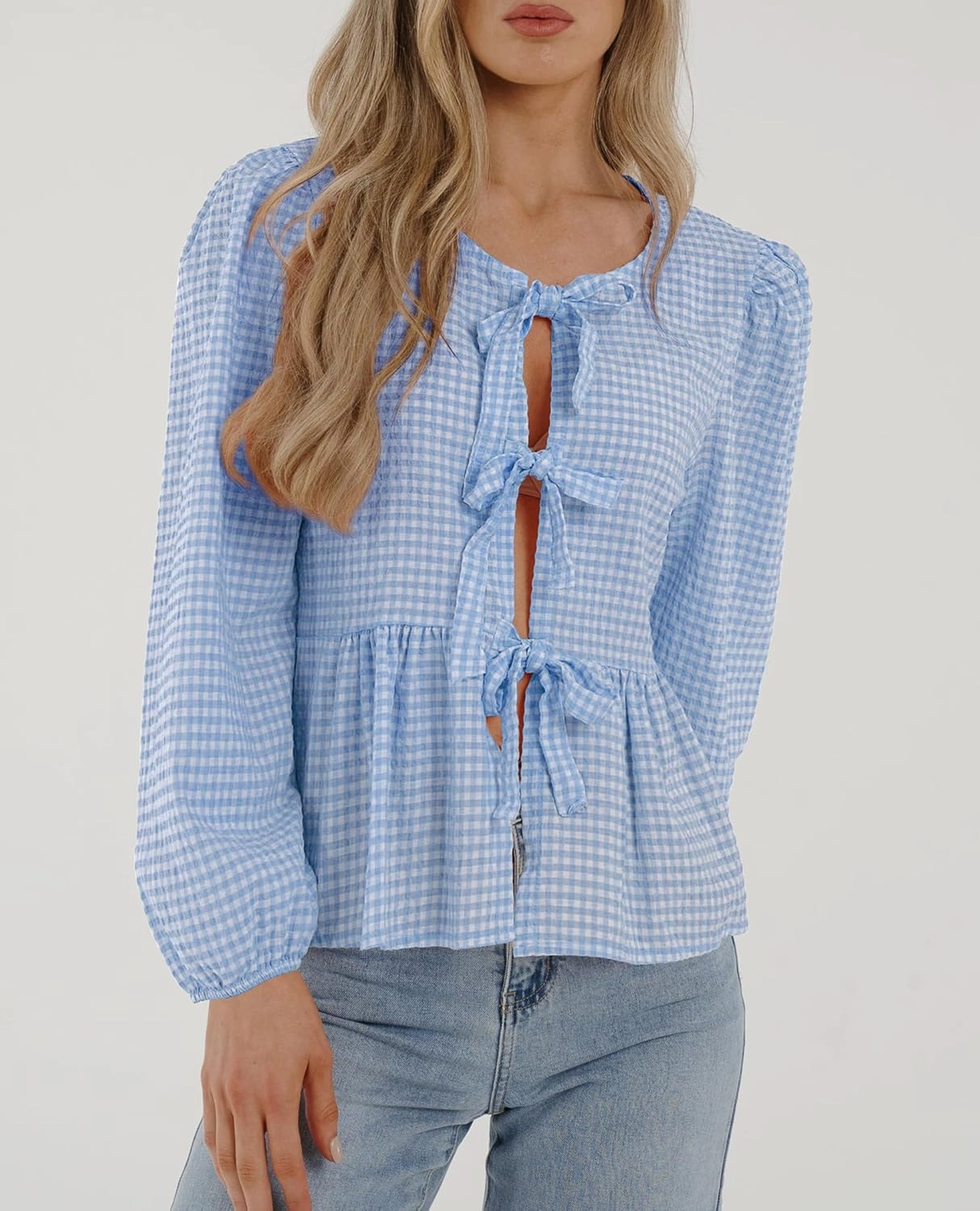 PRETTYGARDEN Women's Spring Fall Babydoll Peplum Blouse Shirt Puff Long Sleeve Bow Tie Front Trendy Cute Y2K Going Out Tops