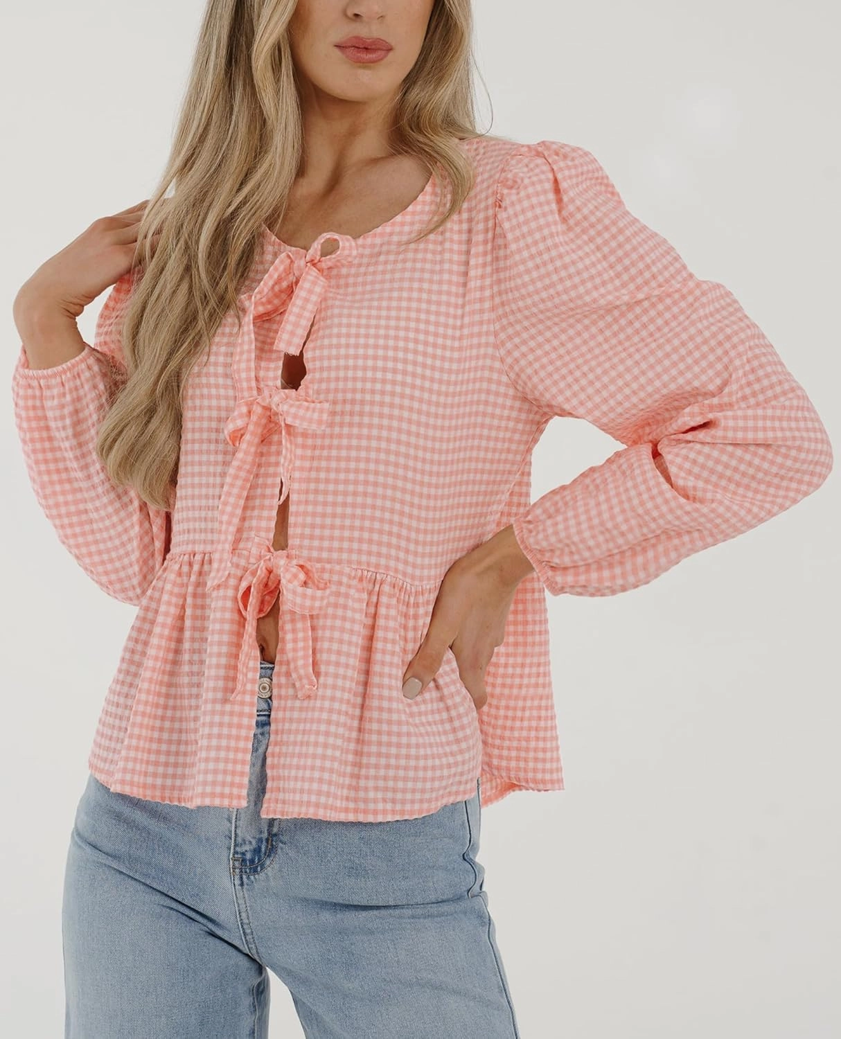 PRETTYGARDEN Women's Spring Fall Babydoll Peplum Blouse Shirt Puff Long Sleeve Bow Tie Front Trendy Cute Y2K Going Out Tops
