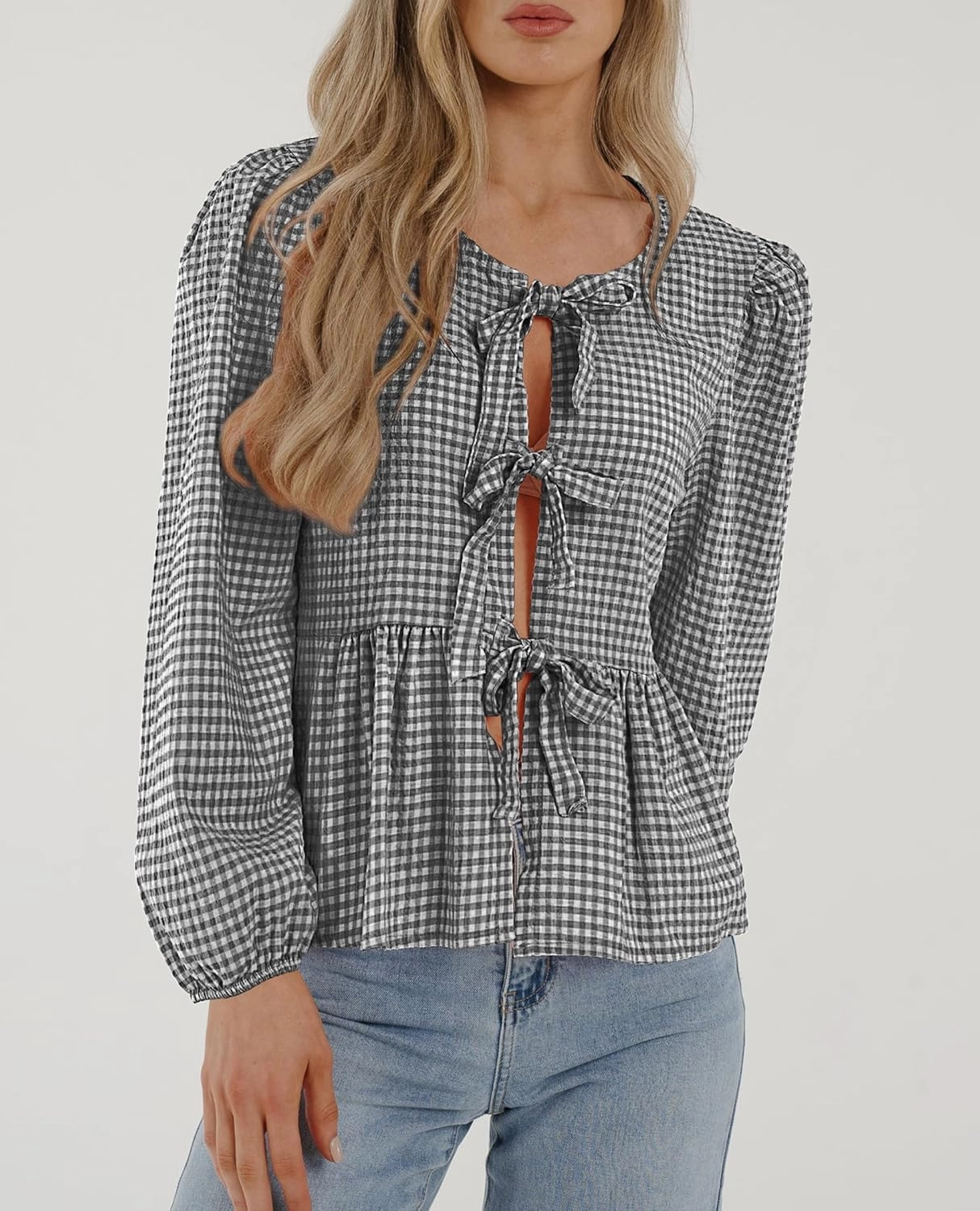 PRETTYGARDEN Women's Spring Fall Babydoll Peplum Blouse Shirt Puff Long Sleeve Bow Tie Front Trendy Cute Y2K Going Out Tops