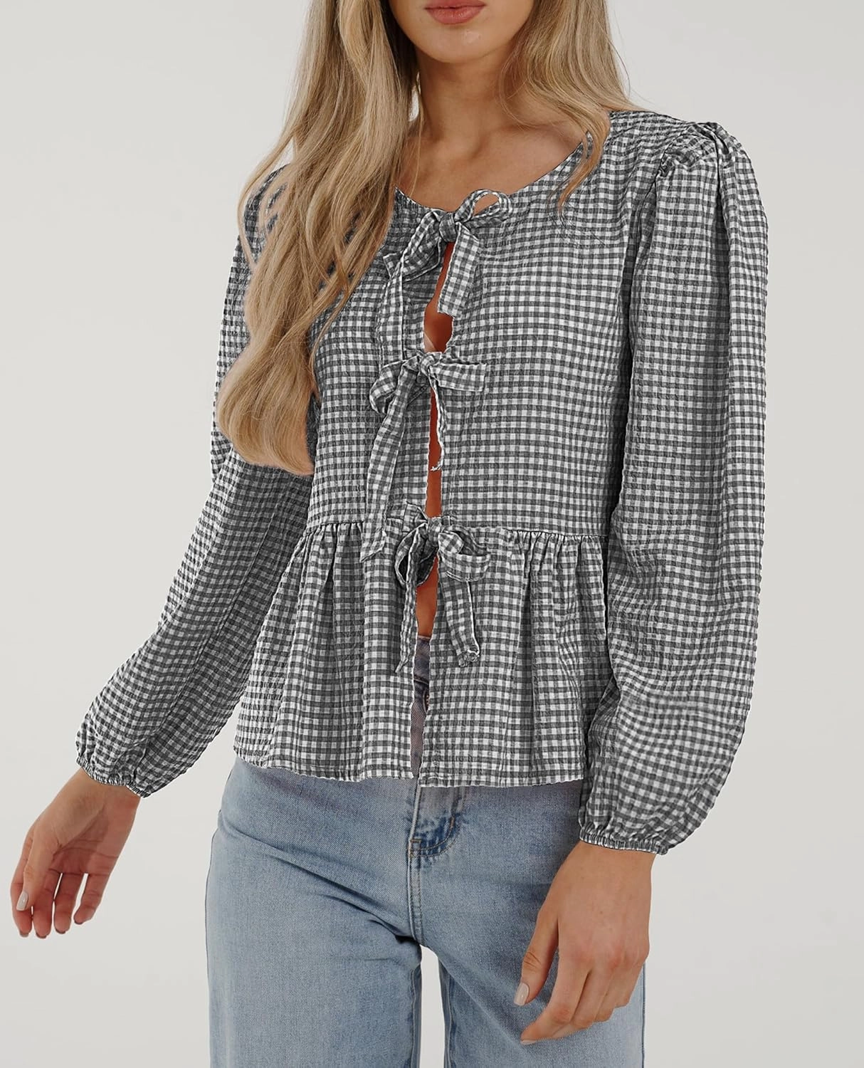PRETTYGARDEN Women's Spring Fall Babydoll Peplum Blouse Shirt Puff Long Sleeve Bow Tie Front Trendy Cute Y2K Going Out Tops