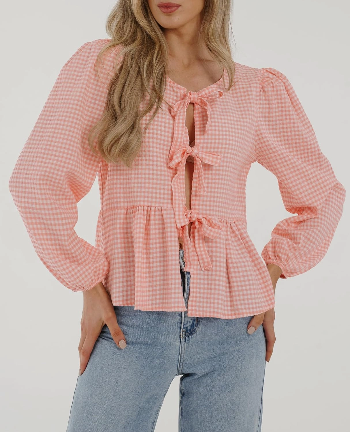 PRETTYGARDEN Women's Spring Fall Babydoll Peplum Blouse Shirt Puff Long Sleeve Bow Tie Front Trendy Cute Y2K Going Out Tops