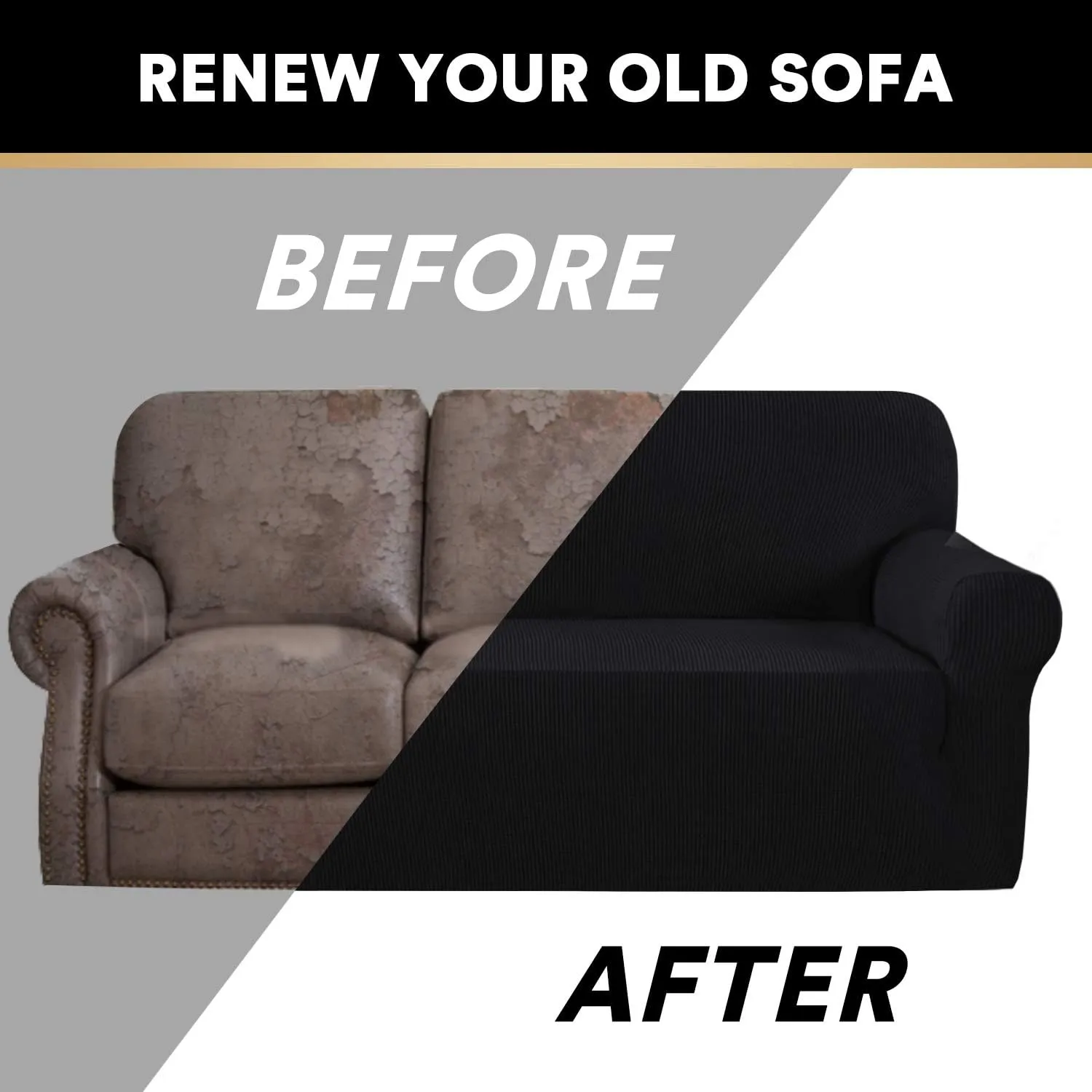 PrinceDeco Stretch Sofa Cover Slipcover Couch Covers for 3 Cushion Couch Furniture Protector Sofa Covers with Non Slip Elastic Bottom Dogs Pet Friendly Fitted (Sofa, Black)