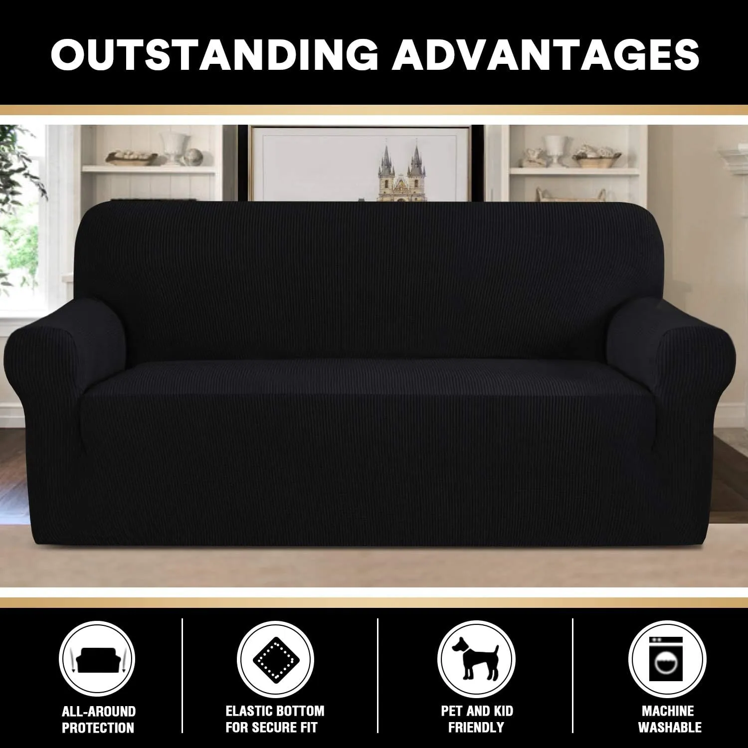 PrinceDeco Stretch Sofa Cover Slipcover Couch Covers for 3 Cushion Couch Furniture Protector Sofa Covers with Non Slip Elastic Bottom Dogs Pet Friendly Fitted (Sofa, Black)