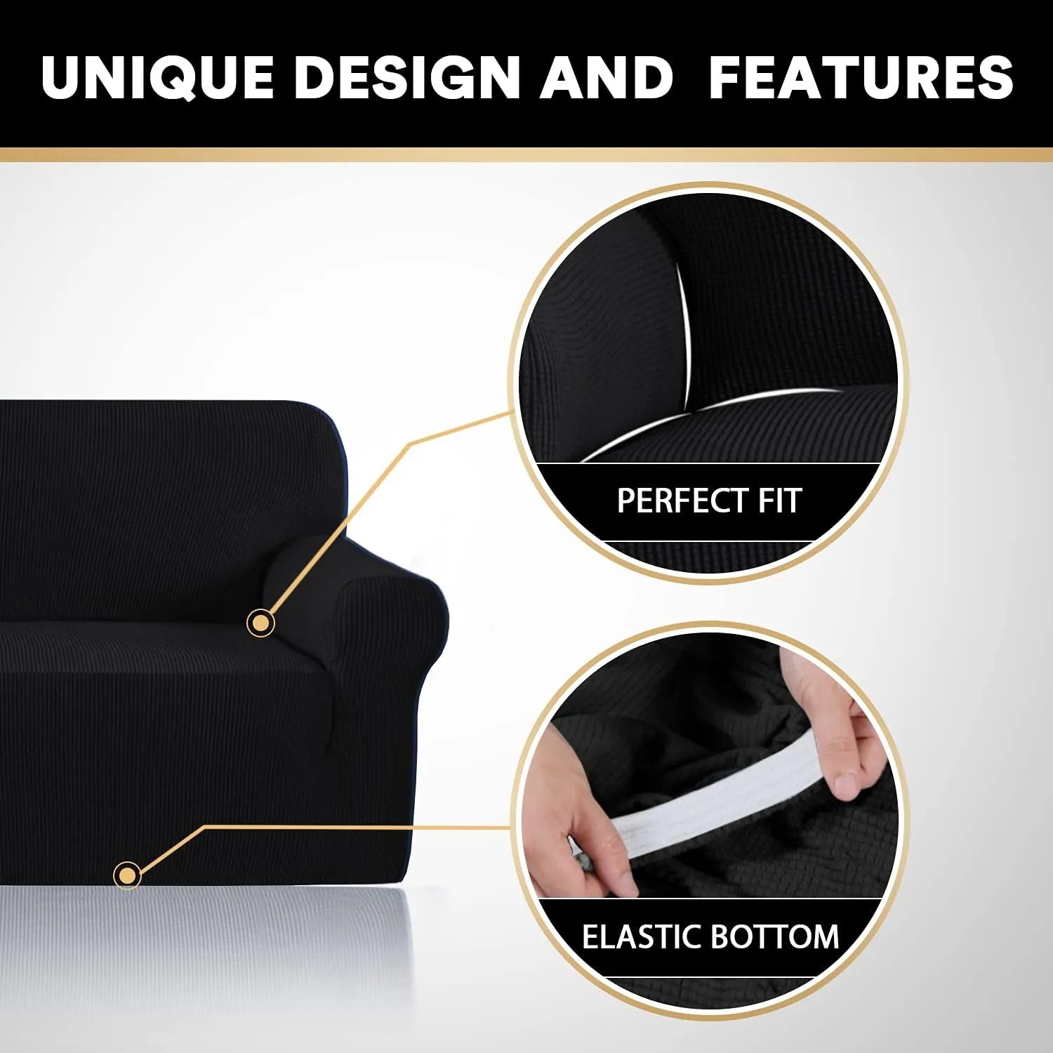 PrinceDeco Stretch Sofa Cover Slipcover Couch Covers for 3 Cushion Couch Furniture Protector Sofa Covers with Non Slip Elastic Bottom Dogs Pet Friendly Fitted (Sofa, Black)