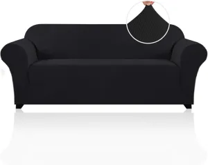 PrinceDeco Stretch Sofa Cover Slipcover Couch Covers for 3 Cushion Couch Furniture Protector Sofa Covers with Non Slip Elastic Bottom Dogs Pet Friendly Fitted (Sofa, Black)