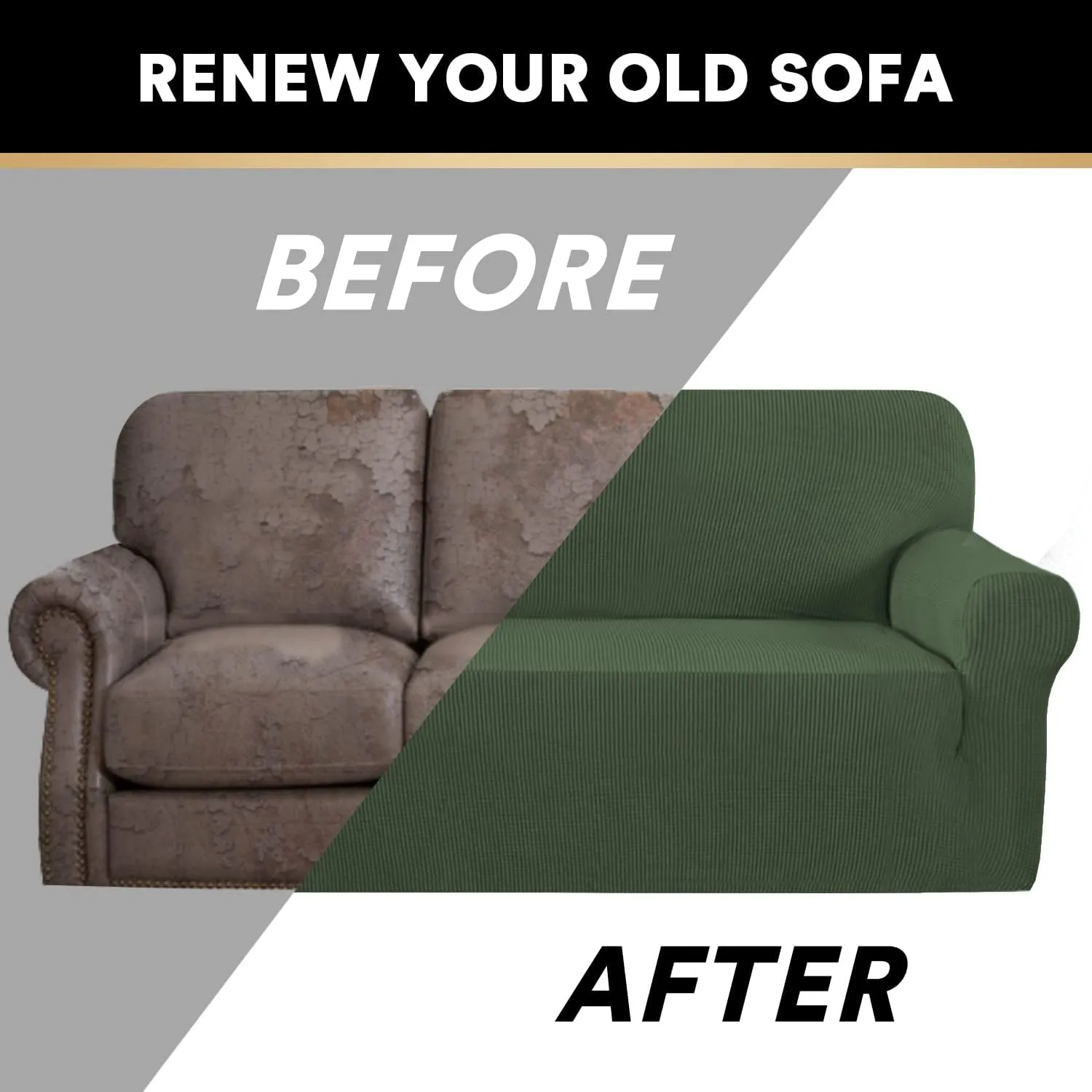 PrinceDeco Stretch Sofa Cover Slipcover Couch Covers for 3 Cushion Couch Furniture Protector Sofa Covers with Non Slip Elastic Bottom Dogs Pet Friendly Fitted (Sofa, Bronze Green)