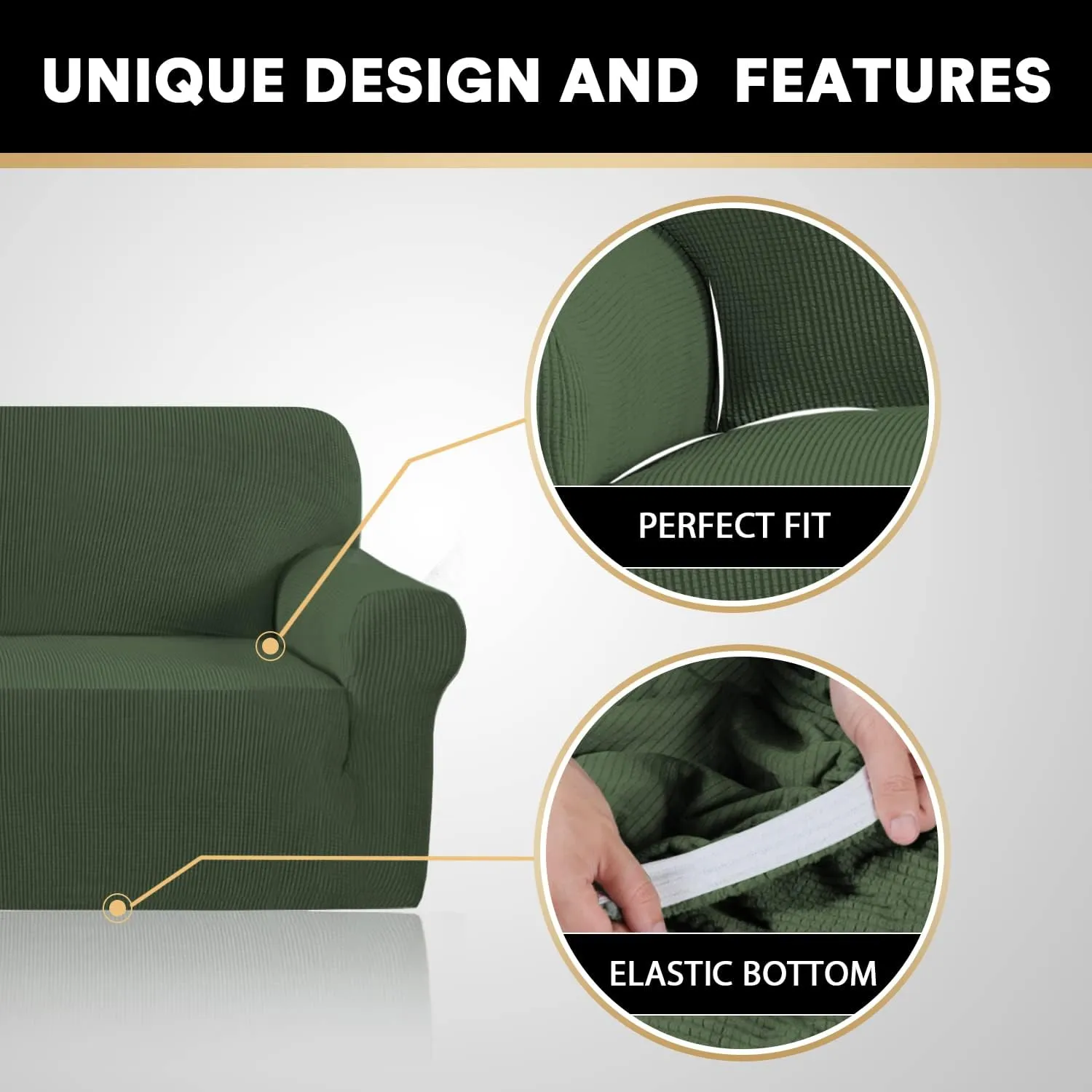 PrinceDeco Stretch Sofa Cover Slipcover Couch Covers for 3 Cushion Couch Furniture Protector Sofa Covers with Non Slip Elastic Bottom Dogs Pet Friendly Fitted (Sofa, Bronze Green)