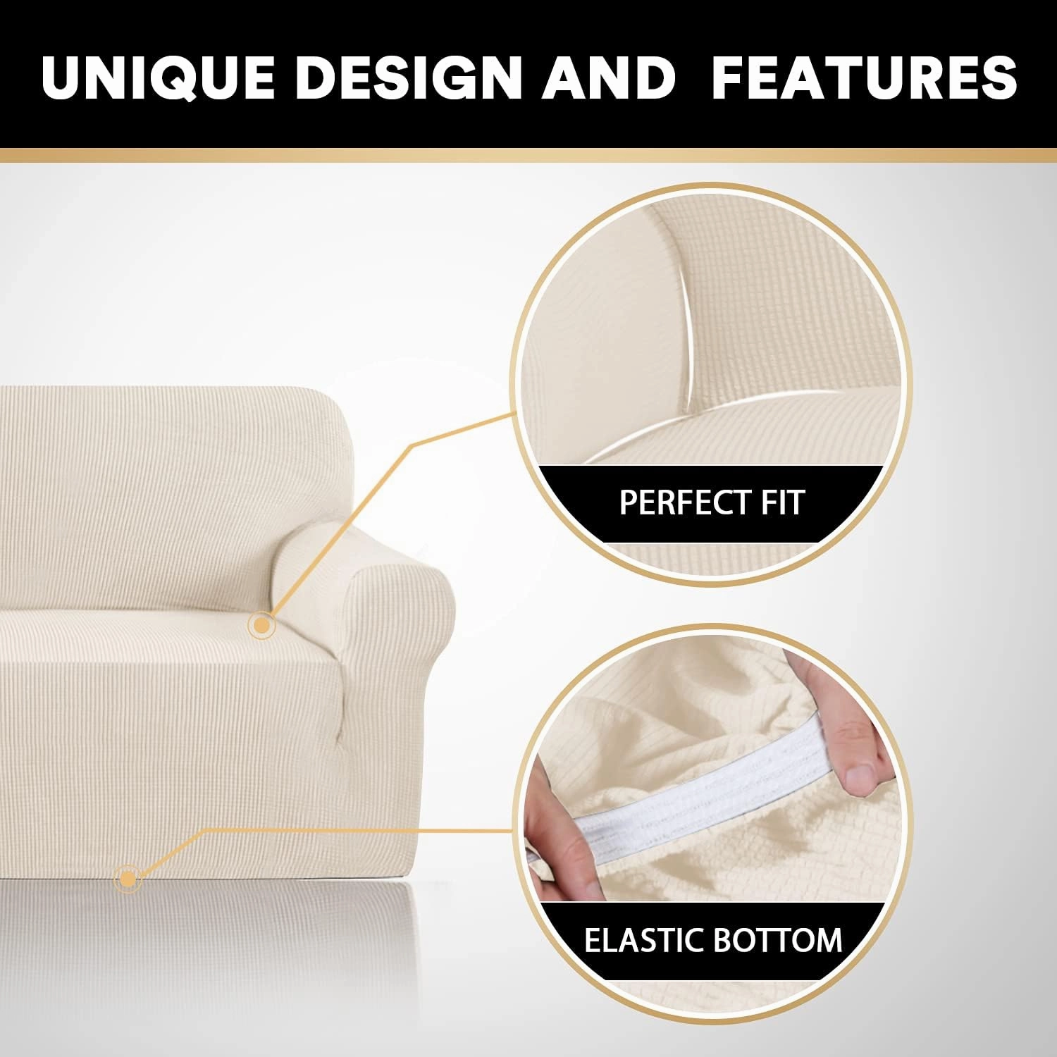 PrinceDeco Stretch Sofa Cover Slipcover Couch Covers for 3 Cushion Couch Furniture Protector Sofa Covers with Non Slip Elastic Bottom Dogs Pet Friendly Fitted (Sofa, Biscotti Beige)