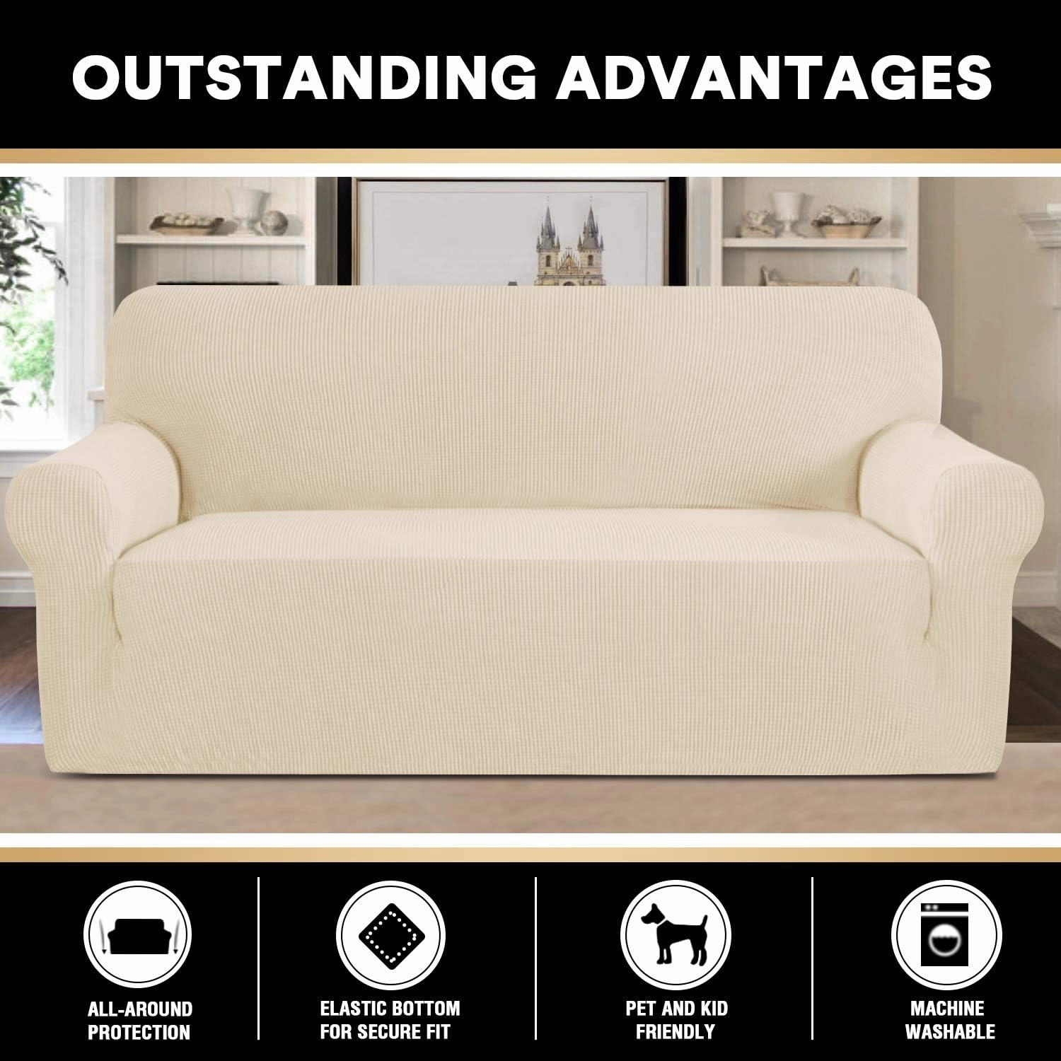 PrinceDeco Stretch Sofa Cover Slipcover Couch Covers for 3 Cushion Couch Furniture Protector Sofa Covers with Non Slip Elastic Bottom Dogs Pet Friendly Fitted (Sofa, Biscotti Beige)