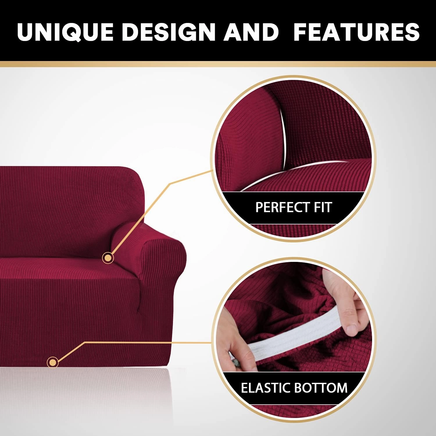 PrinceDeco Stretch Sofa Cover Slipcover Couch Covers for 3 Cushion Couch Furniture Protector Sofa Covers with Non Slip Elastic Bottom Dogs Pet Friendly Fitted(Sofa, Burgundy)