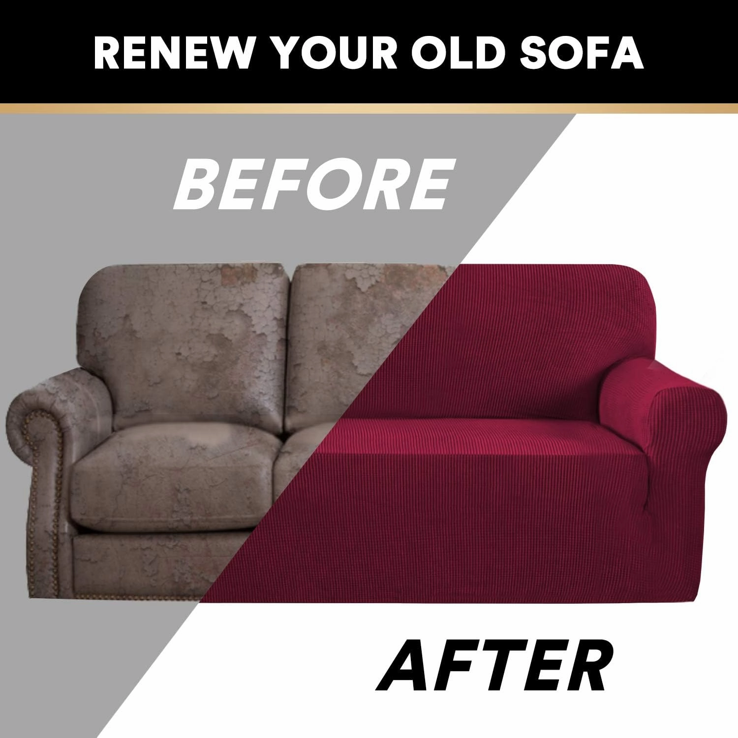 PrinceDeco Stretch Sofa Cover Slipcover Couch Covers for 3 Cushion Couch Furniture Protector Sofa Covers with Non Slip Elastic Bottom Dogs Pet Friendly Fitted(Sofa, Burgundy)