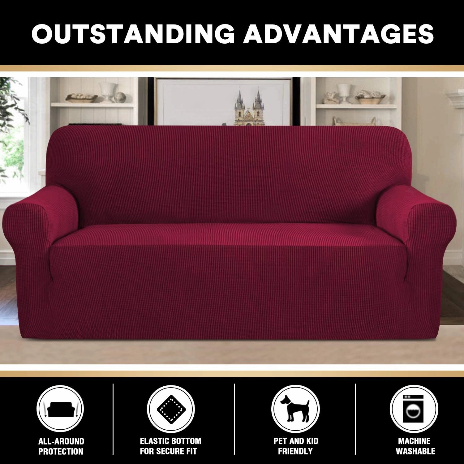 PrinceDeco Stretch Sofa Cover Slipcover Couch Covers for 3 Cushion Couch Furniture Protector Sofa Covers with Non Slip Elastic Bottom Dogs Pet Friendly Fitted(Sofa, Burgundy)