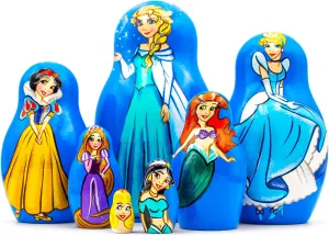 Princess Nesting Doll Set - 7 Piece Russian Matryoshka Fairy Figurines in Elegant Blue - Ideal for Fairy Tale Enthusiasts, Princess Room Decor, and Aesthetic Table Settings