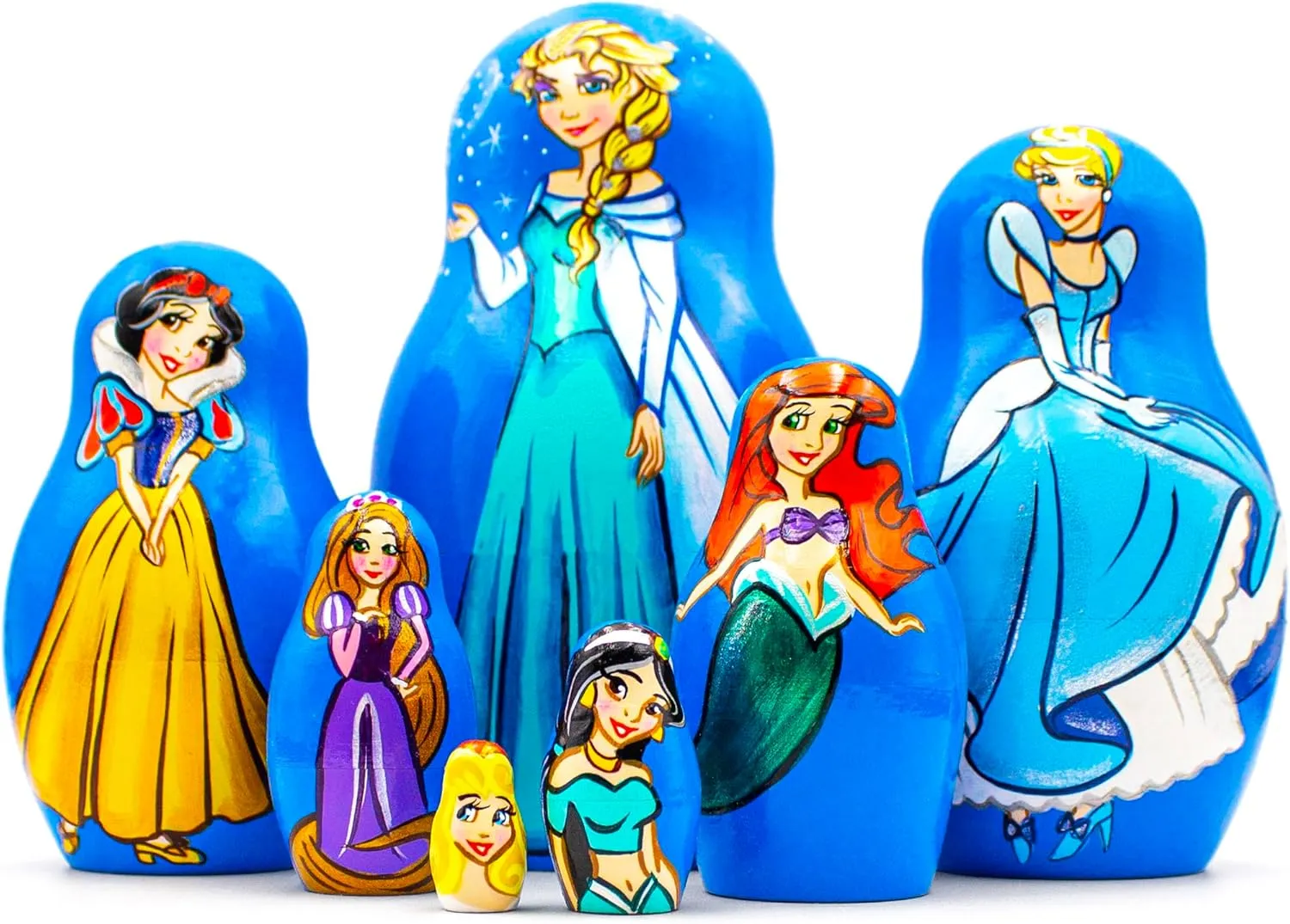 Princess Nesting Doll Set - 7 Piece Russian Matryoshka Fairy Figurines in Elegant Blue - Ideal for Fairy Tale Enthusiasts, Princess Room Decor, and Aesthetic Table Settings