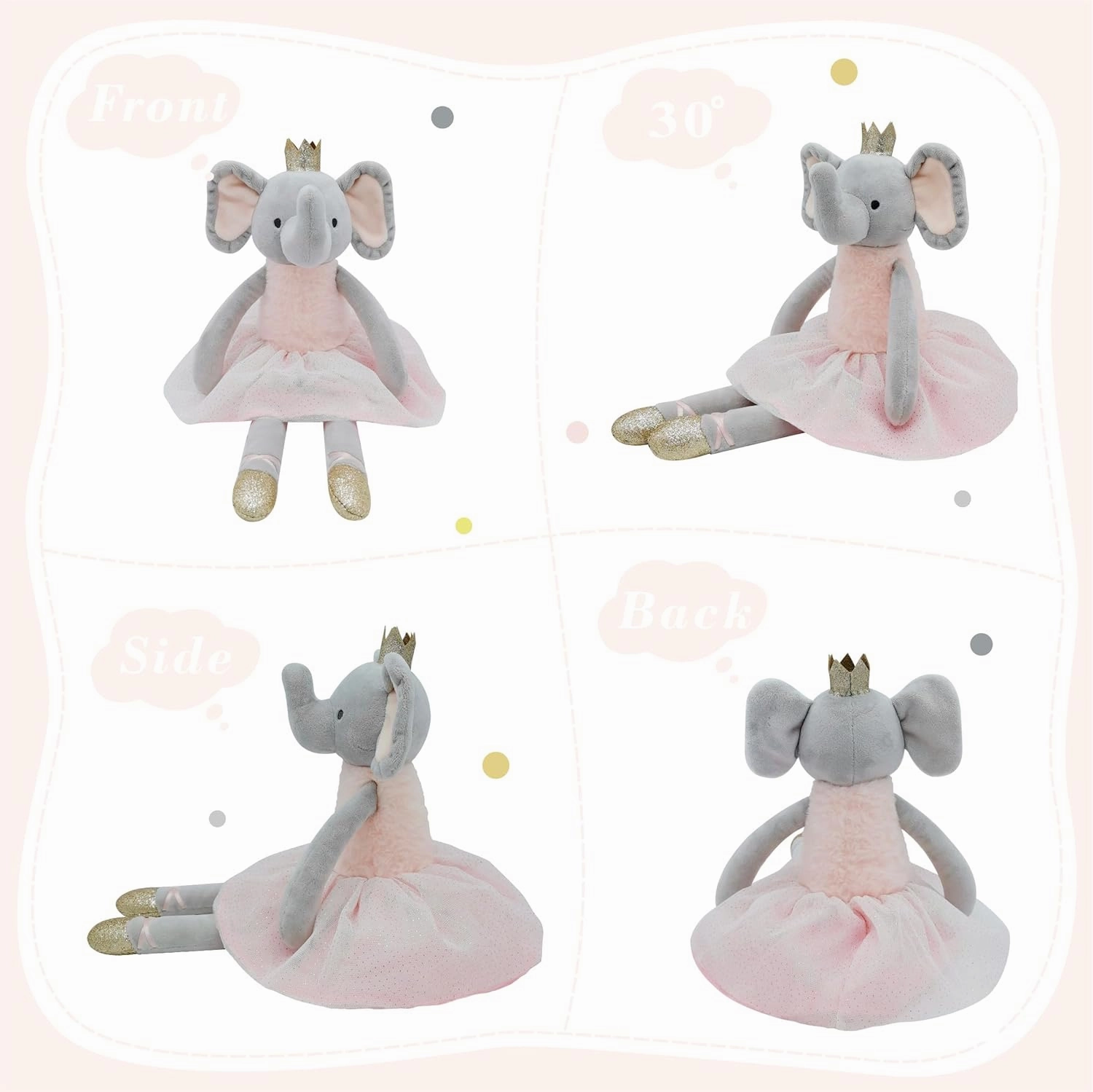 Princess Elephant Stuffed Animals,15.7" Pink Stuffed Elephant Plush with Skirt and Crown,Cute Doll for Girls