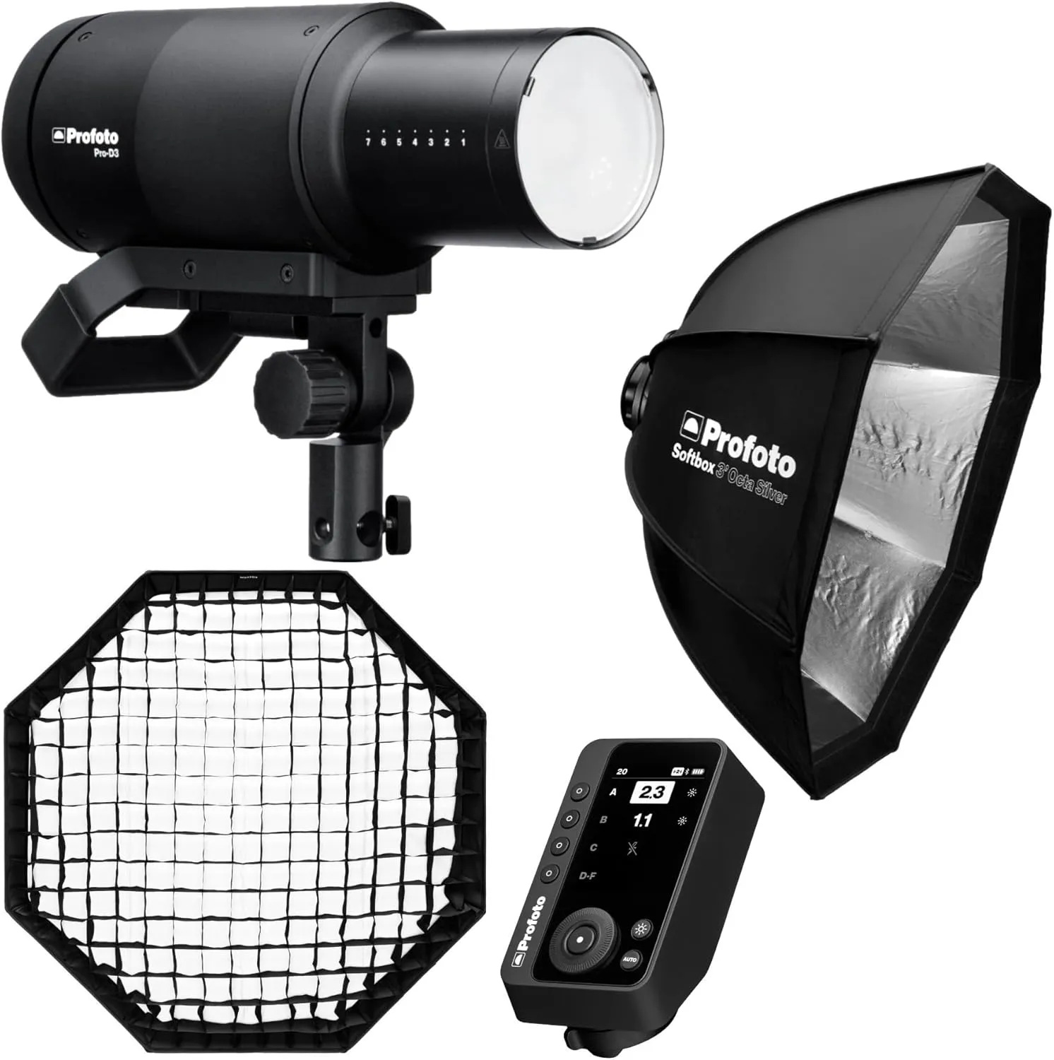 Profoto Pro-D3 Industrial-Grade Monolight with Fast Recycling Time and Three Flash Modes (1250W) Bundle with Profoto Softbox 3-Feet Octa Silver, Wireless Transmitter, and Softgrid Octa (4 Items)
