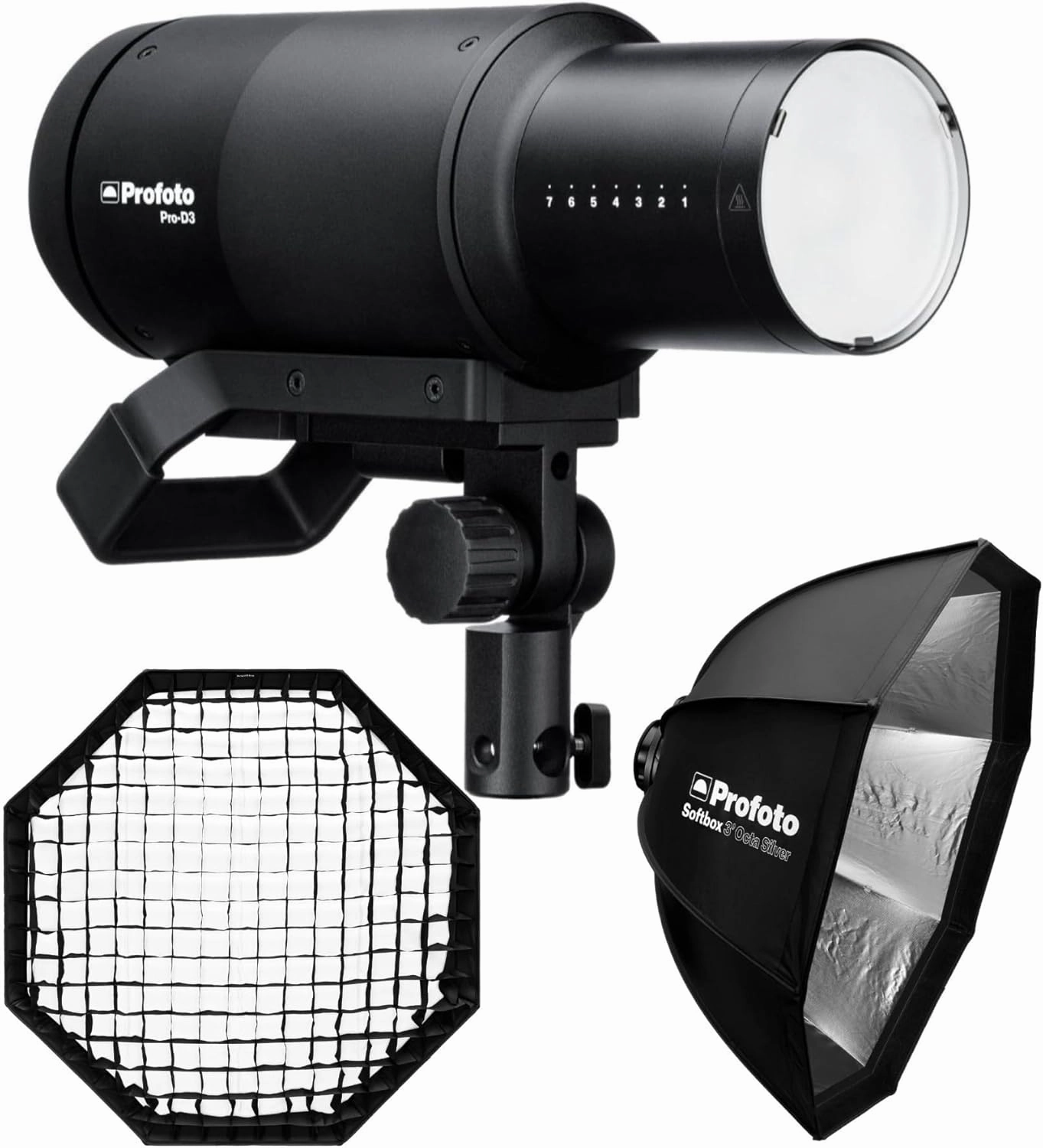 Profoto Pro-D3 750W Industrial-Grade Monolight Bundle with Profoto Softbox 3-Feet Octa (Silver) and Profoto Softgrid 3-Feet Octa (Black) (3 Items)