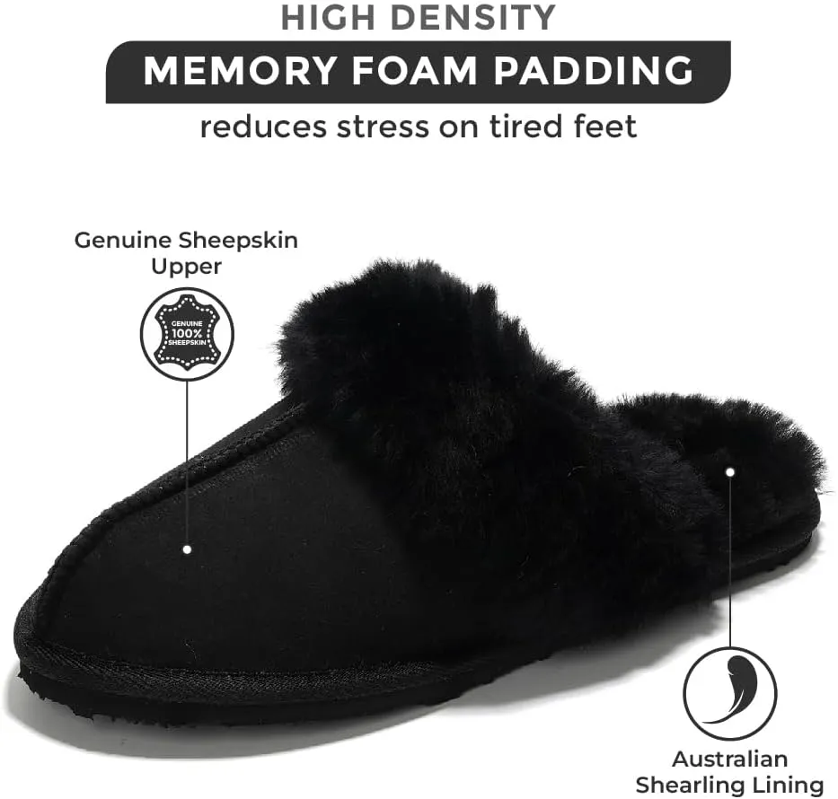 Project Cloud 100% Australian Sheepskin Scuff Slippers for Women - Genuine Shearling Memory Foam Slides for Women - Non-Slip Womens Slippers (Lynsey) (Lynsey)