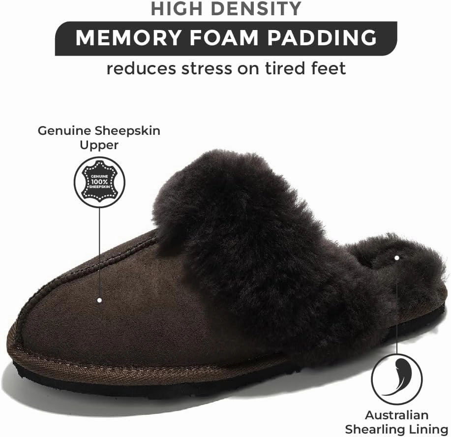 Project Cloud 100% Australian Sheepskin Scuff Slippers for Women - Genuine Shearling Memory Foam Slides for Women - Non-Slip Womens Slippers (Lynsey) (Lynsey)