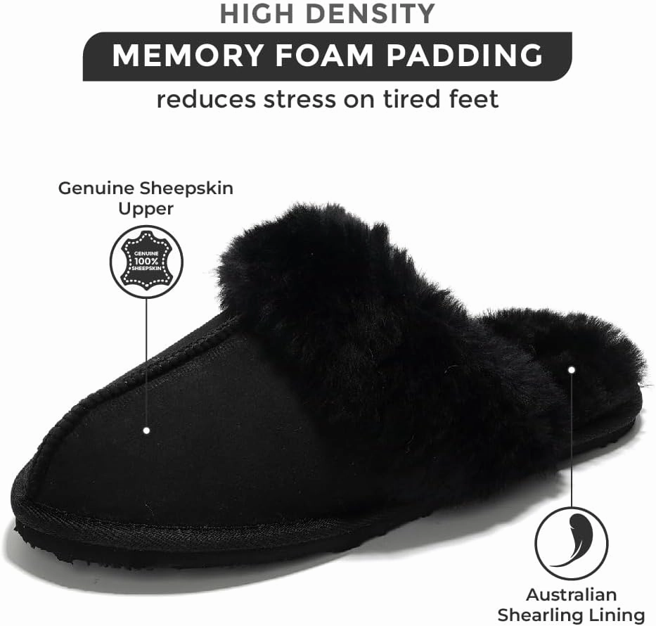 Project Cloud 100% Australian Sheepskin Scuff Slippers for Women - Genuine Shearling Memory Foam Slides for Women - Non-Slip Womens Slippers (Lynsey) (Lynsey)