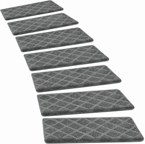 PURE ERA Bullnose Carpet Stair Treads Set Tape Free Non-Slip Indoor Stair Protectors Pet Friendly Rugs 9.5" x 30"(14 Pieces,Grey Diamond Trellis)