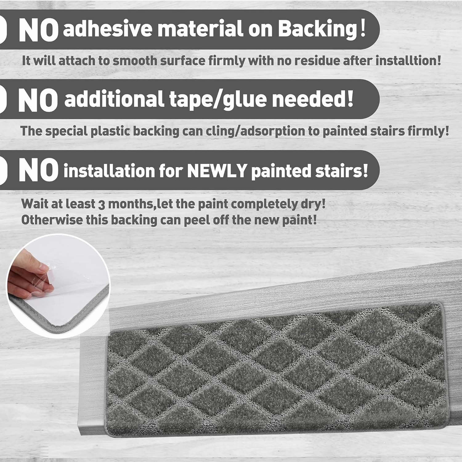 PURE ERA Bullnose Carpet Stair Treads Set Tape Free Non-Slip Indoor Stair Protectors Pet Friendly Rugs 9.5" x 30"(14 Pieces,Grey Diamond Trellis)