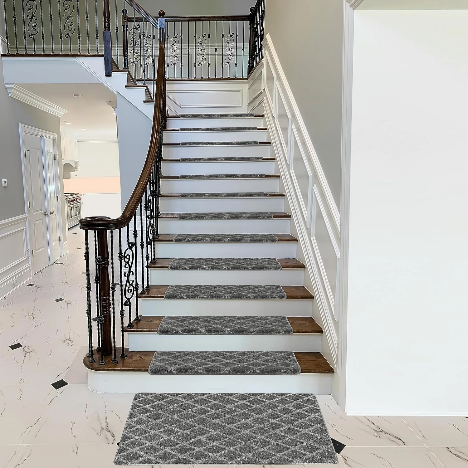 PURE ERA Bullnose Carpet Stair Treads Set Tape Free Non-Slip Indoor Stair Protectors Pet Friendly Rugs 9.5" x 30"(14 Pieces,Grey Diamond Trellis)