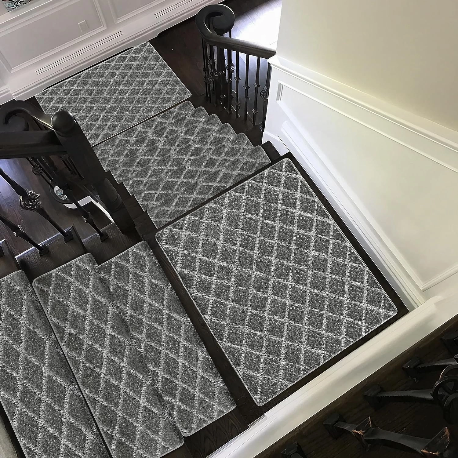 PURE ERA Bullnose Carpet Stair Treads Set Tape Free Non-Slip Indoor Stair Protectors Pet Friendly Rugs 9.5" x 30"(14 Pieces,Grey Diamond Trellis)