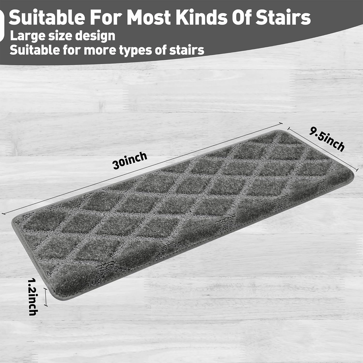PURE ERA Bullnose Carpet Stair Treads Set Tape Free Non-Slip Indoor Stair Protectors Pet Friendly Rugs 9.5" x 30"(14 Pieces,Grey Diamond Trellis)