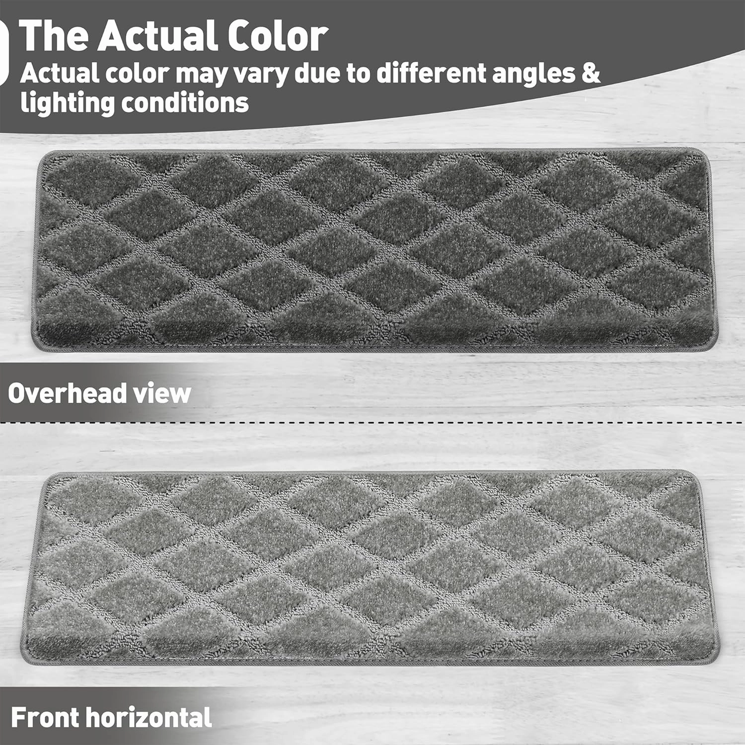 PURE ERA Bullnose Carpet Stair Treads Set Tape Free Non-Slip Indoor Stair Protectors Pet Friendly Rugs 9.5" x 30"(14 Pieces,Grey Diamond Trellis)