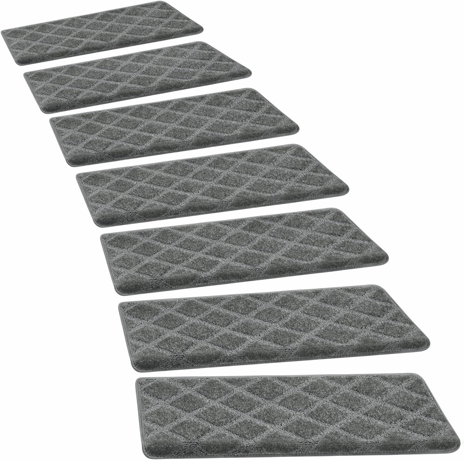 PURE ERA Bullnose Carpet Stair Treads Set Tape Free Non-Slip Indoor Stair Protectors Pet Friendly Rugs 9.5" x 30"(14 Pieces,Grey Diamond Trellis)