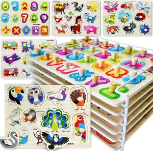 QUOKKA Wooden Puzzle Set – 14 Montessori Puzzles for Toddlers 3–5 with Storage Rack | Alphabet, Numbers, Animals, Fruits & More – Educational Toys for Preschool Kids