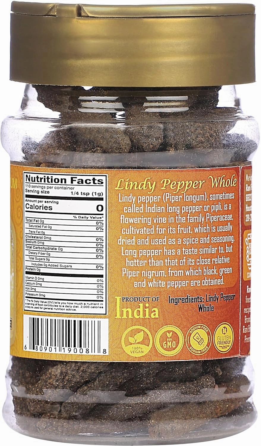 Rani Lindy Pepper Whole (Long Pepper, Piper Longum, Pipli) 3.88oz (110g) PET Jar ~ All Natural | Gluten Friendly | NON-GMO | Vegan | Indian Origin