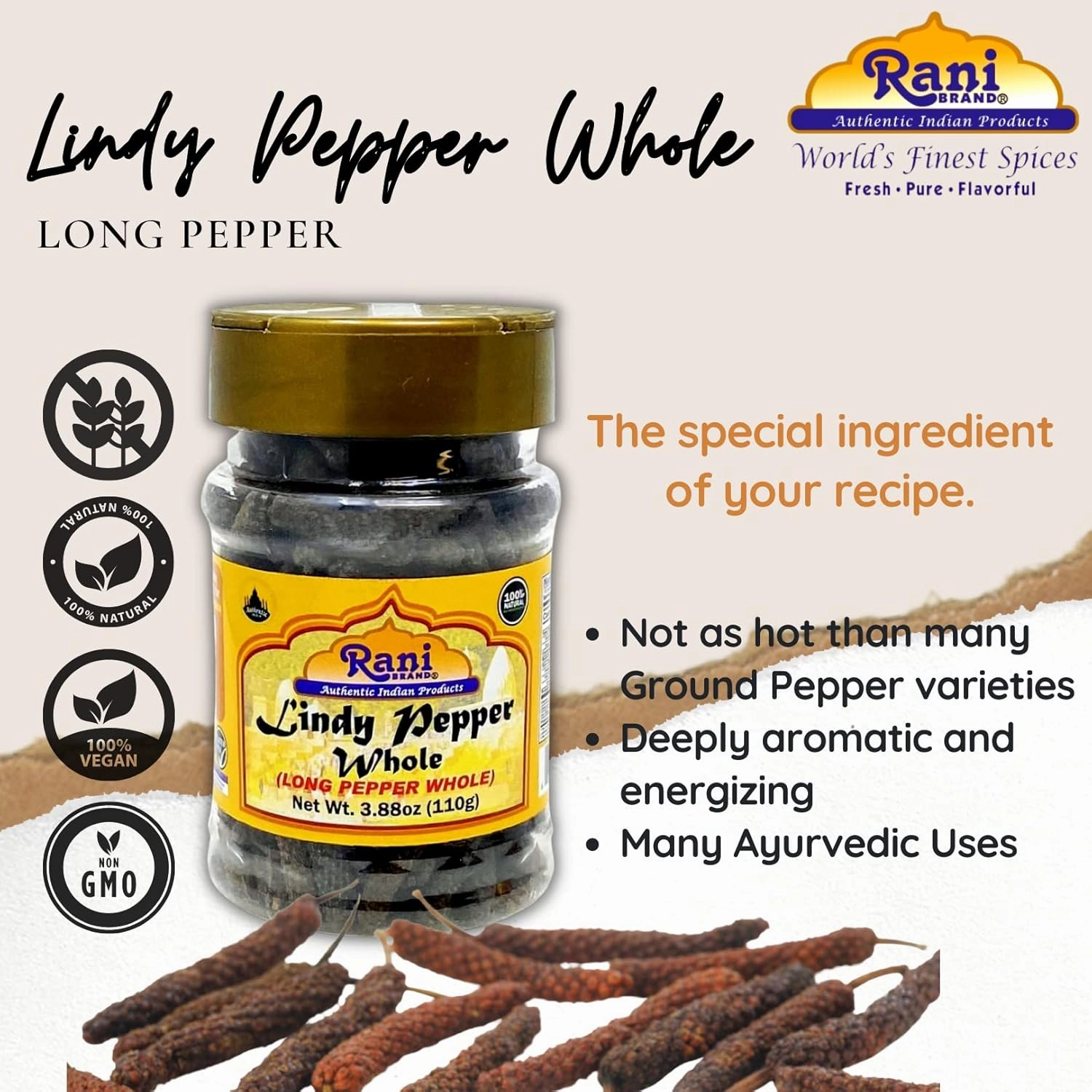 Rani Lindy Pepper Whole (Long Pepper, Piper Longum, Pipli) 3.88oz (110g) PET Jar ~ All Natural | Gluten Friendly | NON-GMO | Vegan | Indian Origin