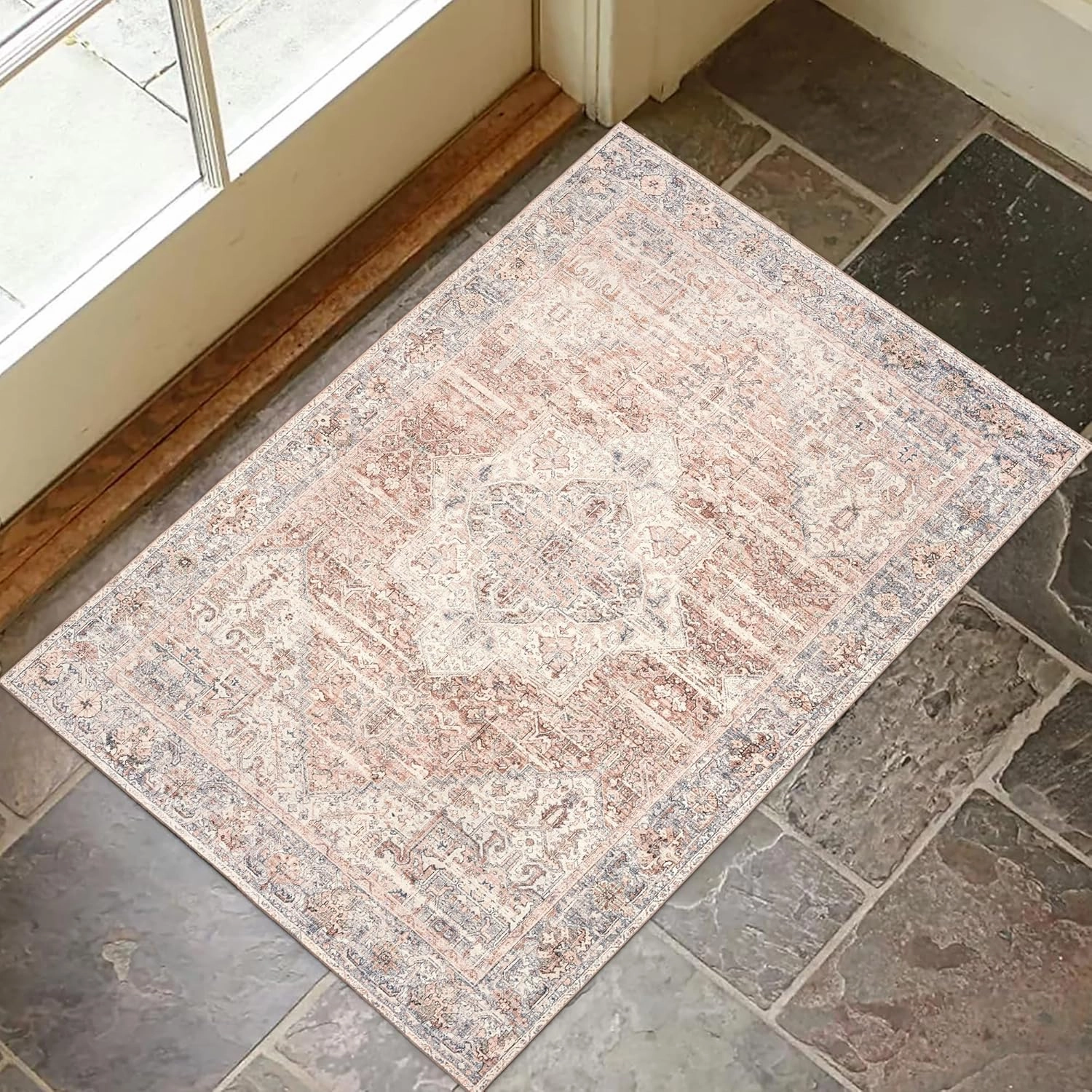 ReaLife Rugs Machine Washable Area Rug - Living Room Bedroom Bathroom Kitchen Entryway Office - Padded Crease Free Stain Resistant Premium - Boho Farmhouse Vintage- Lyle- Beige Ivory - 2'x 3'