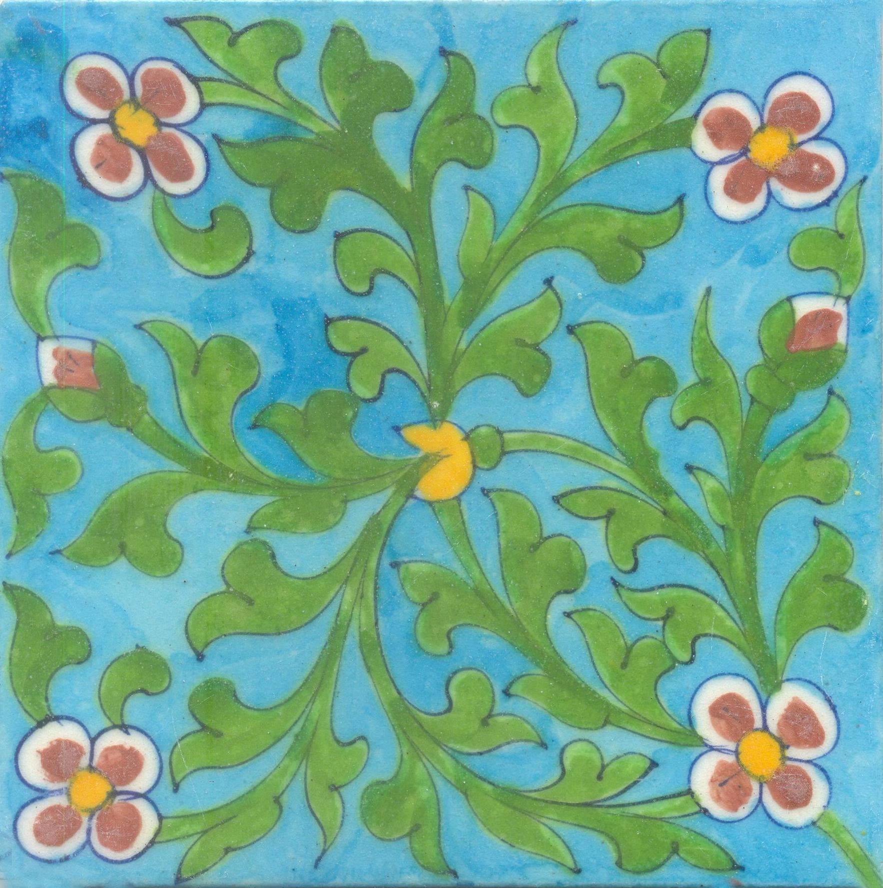 Red Flowers and Green leaf with Turquoise Base Tile
