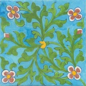 Red Flowers and Green leaf with Turquoise Base Tile