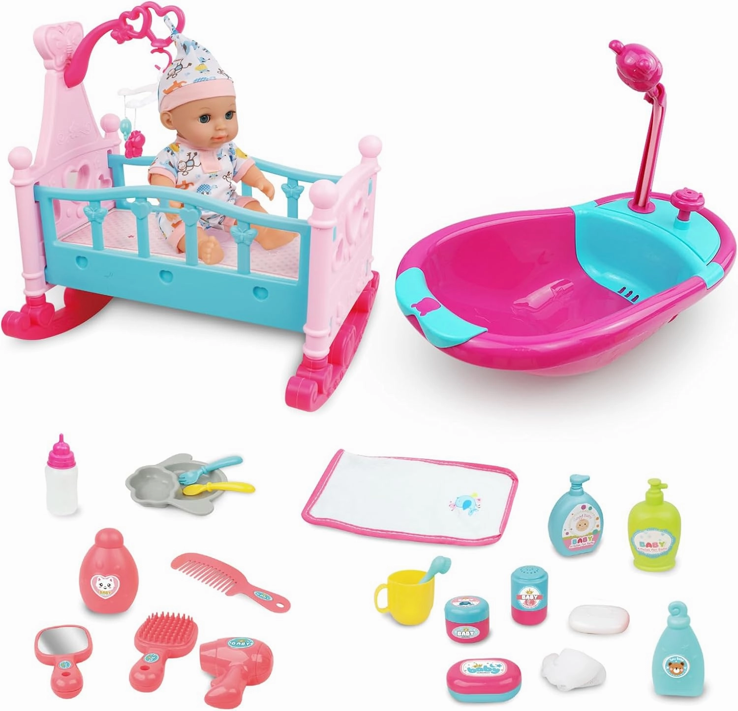 RedCrab 12" Baby Doll Toys Newborn Doll Bath and Bed Play Set - 2-in-1 Shaker and Bathtub with Shower Spray and 25pcs Accessories for Girls Pretend Play,Toy Gift Set for 3  Year Old Kids