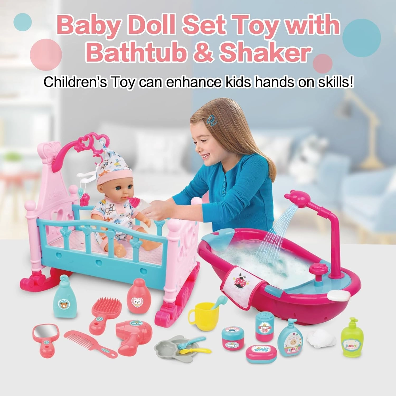 RedCrab 12" Baby Doll Toys Newborn Doll Bath and Bed Play Set - 2-in-1 Shaker and Bathtub with Shower Spray and 25pcs Accessories for Girls Pretend Play,Toy Gift Set for 3  Year Old Kids