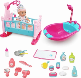RedCrab 12" Baby Doll Toys Newborn Doll Bath and Bed Play Set - 2-in-1 Shaker and Bathtub with Shower Spray and 25pcs Accessories for Girls Pretend Play,Toy Gift Set for 3  Year Old Kids