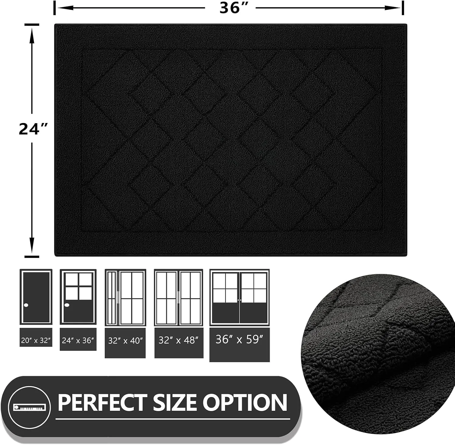 REFETONE Indoor Doormat, Front Back Door Mat 24"x36" Rubber Backing Non Slip Mats, Absorbent Washable Entrance Doormat for Entryway, Resist Dirt Low-Profile Inside Floor Mat for Muddy Shoes, Black