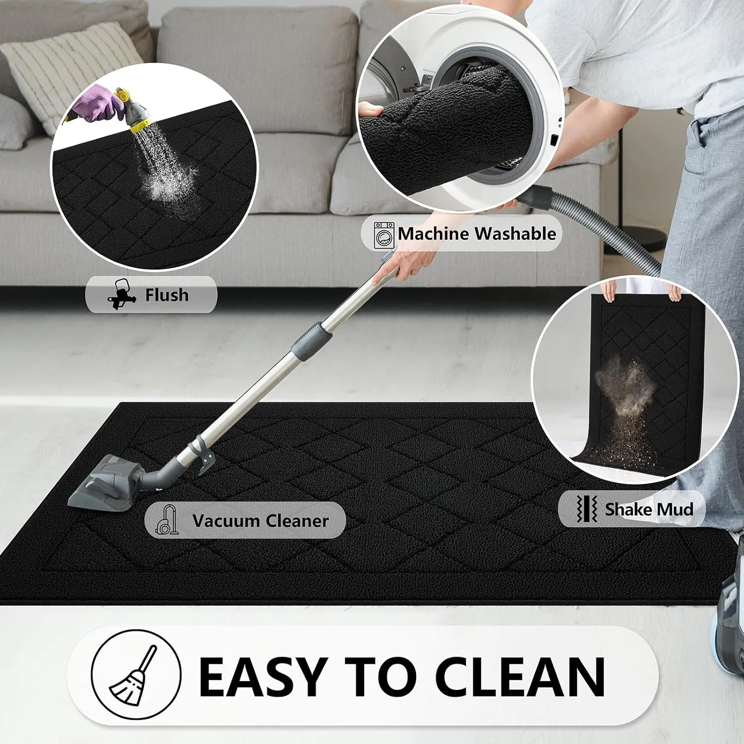 REFETONE Indoor Doormat, Front Back Door Mat 24"x36" Rubber Backing Non Slip Mats, Absorbent Washable Entrance Doormat for Entryway, Resist Dirt Low-Profile Inside Floor Mat for Muddy Shoes, Black