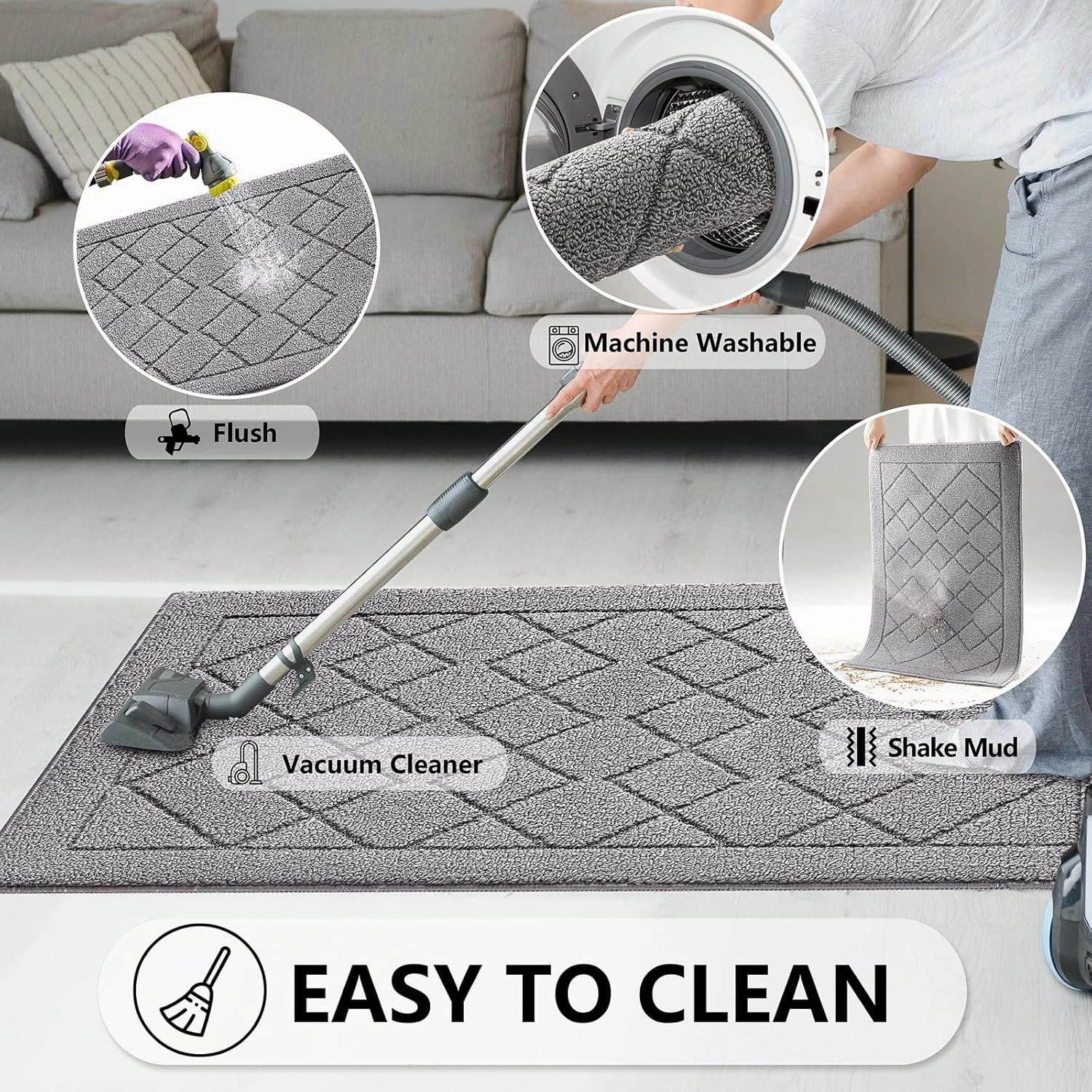 REFETONE Indoor Doormat, Front Back Door Mat 24"x36" Rubber Backing Non Slip Mats, Absorbent Washable Entrance Doormat for Entryway, Resist Dirt Low-Profile Inside Floor Mat for Muddy Shoes Light Grey