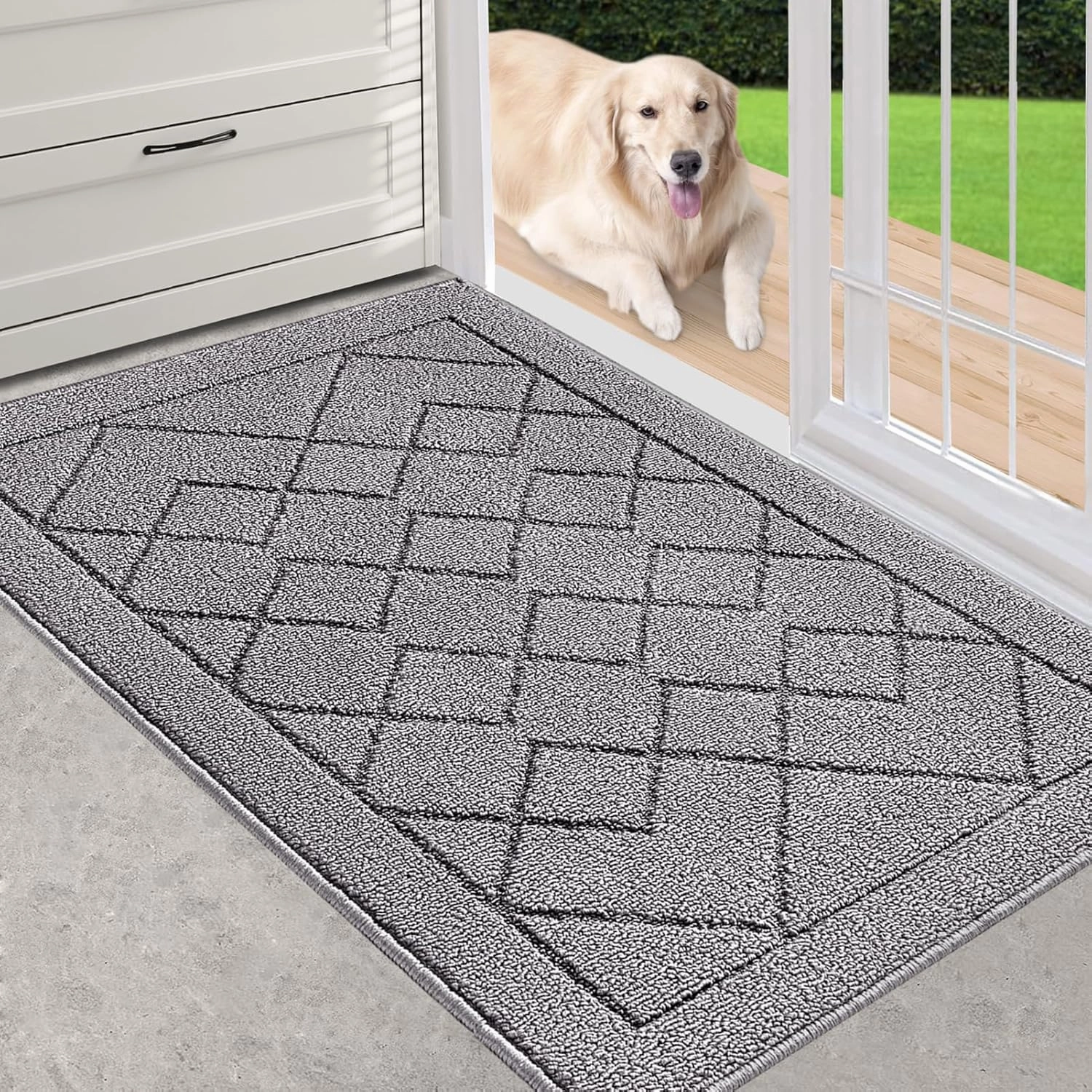 REFETONE Indoor Doormat, Front Back Door Mat 24"x36" Rubber Backing Non Slip Mats, Absorbent Washable Entrance Doormat for Entryway, Resist Dirt Low-Profile Inside Floor Mat for Muddy Shoes Light Grey