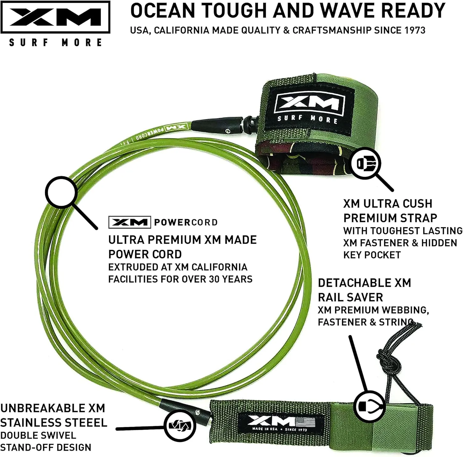 Regular Premium Surfboard Leash, 5/6/7/8/9/12ft Length, Cord (.270 in.) Unbreakable Swivels, Detachable Railsaver, Made in USA [3 Yr Warranty]