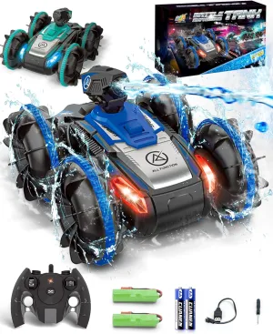 Remote-Controlled Amphibious Boat Toy with Water Gun - 2.4 GHz Waterproof RC Monster Truck Stunt Car for Kids Ages 6-12 & Adults - All-Terrain Beach Car Toy for Gifts